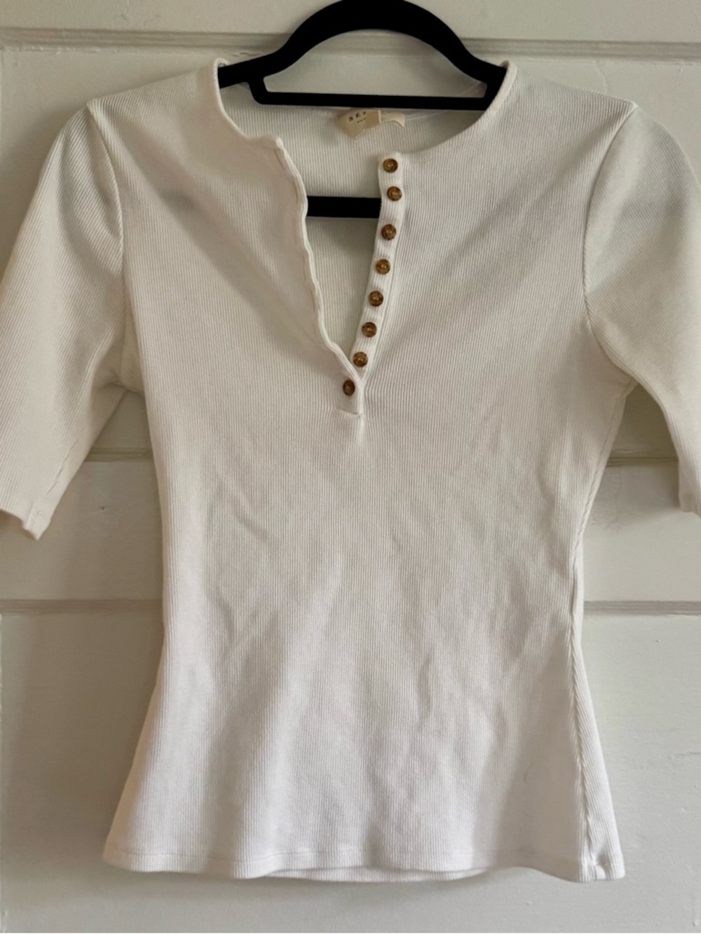 Sezane White Ribbed Henley Short Sleeve Top - Picture 5 of 7
